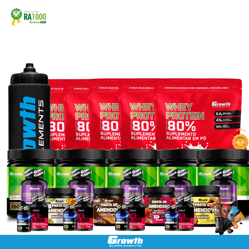 COMBO SUPER MASTER - 5 Wheys 1kg + 5 Creatinas + 1 Garrafa Black + 5 Creatina Monohidratada + 4 Beta Alanine + 4 Power